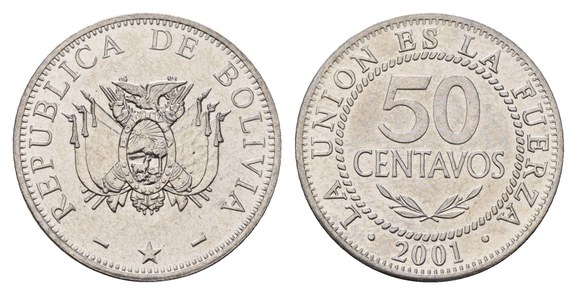 Боливия 50 сентаво 2001 KM 204 нержавеющая сталь UNC 181-226