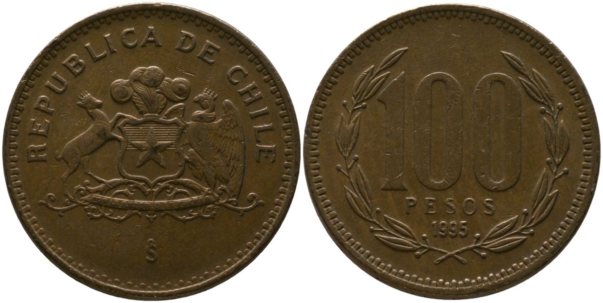 Чили 100 песо 1995 So KM 226.2, Schon 71 алюминиевая бронза 4544-1225