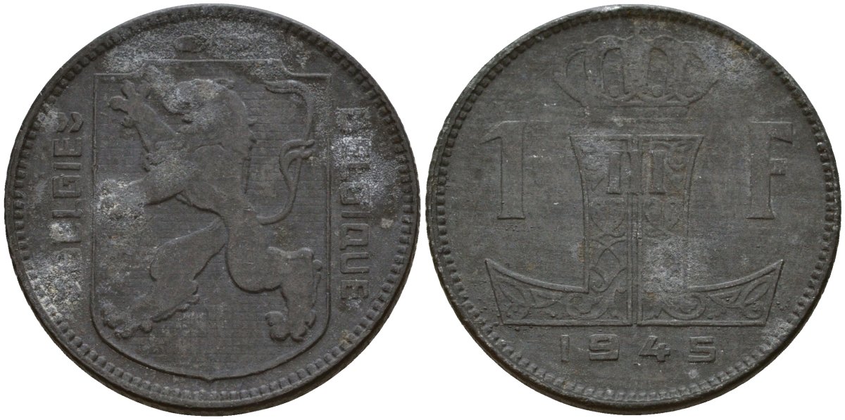 Бельгия 1 франк 1945 Belgie - Belgique, Леопольд III (1934-1947), германская оккупация, Вторая мировая война KM 128 цинк 4161-557