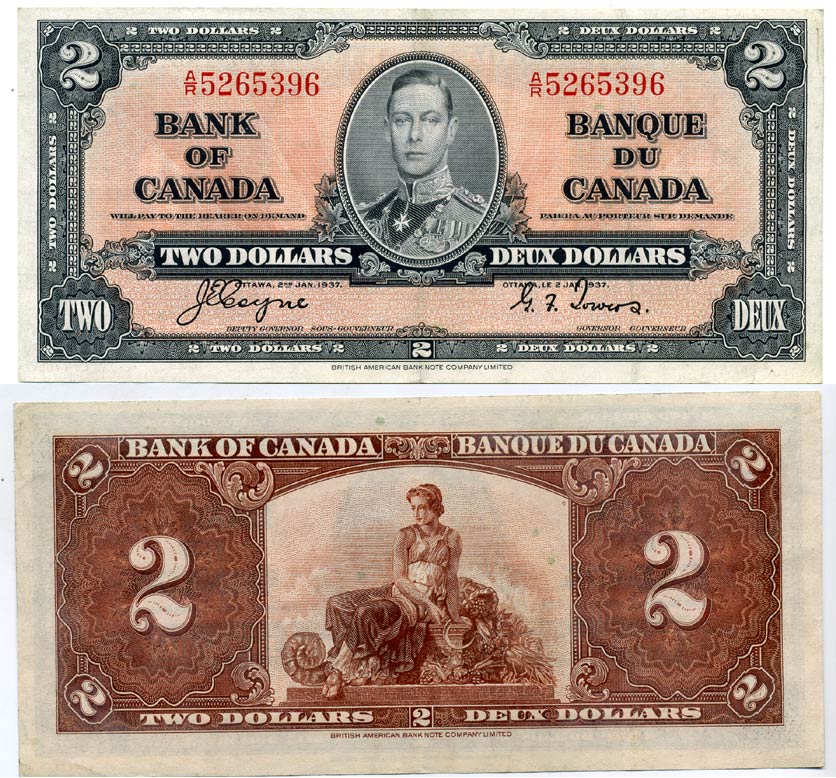 КАНАДА 2 ДОЛЛАРА 1937 ГЕОРГ VI, ПОДПИСЬ COYNE-TOWERS, BABNC Pick 59c бумага XF-UNC 000-00-00