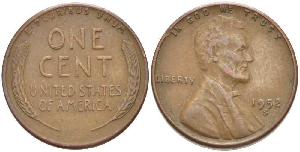 США 1 ЦЕНТ 1952 S, ЛИНКОЛЬН KM А132 медь цинк 218-568