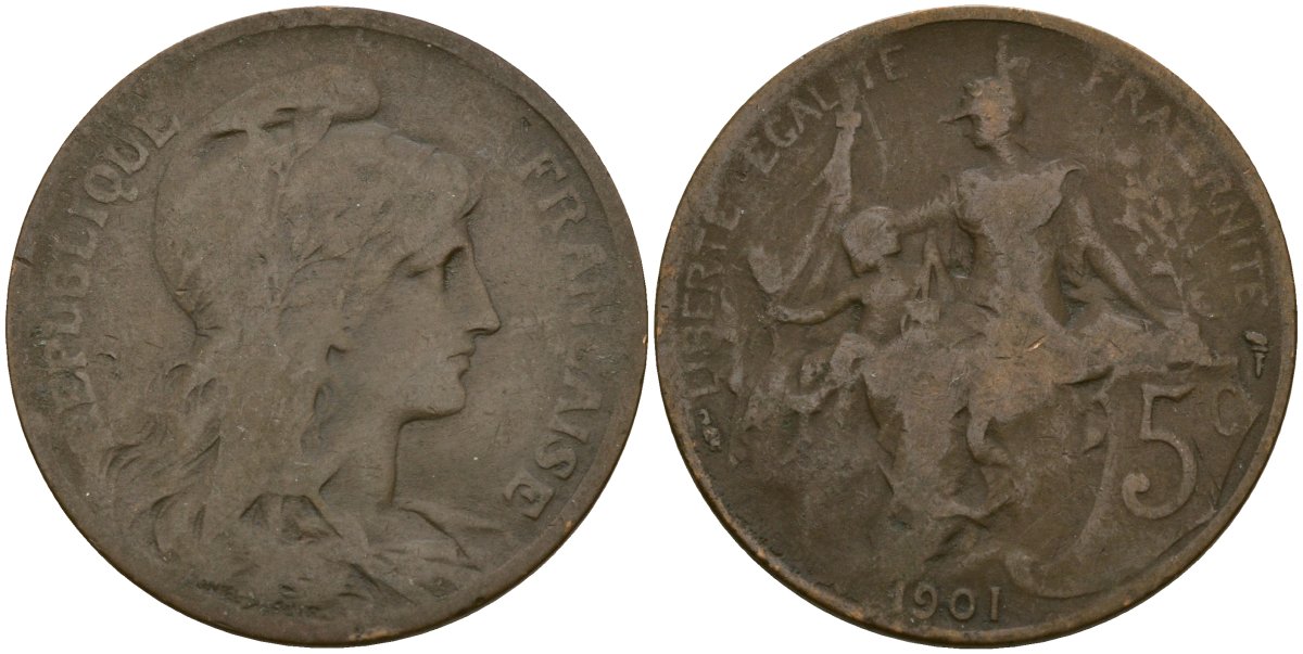 Франция 5 сантимов 1901 KM 842, Le Franc 119.5 бронза 51-1153