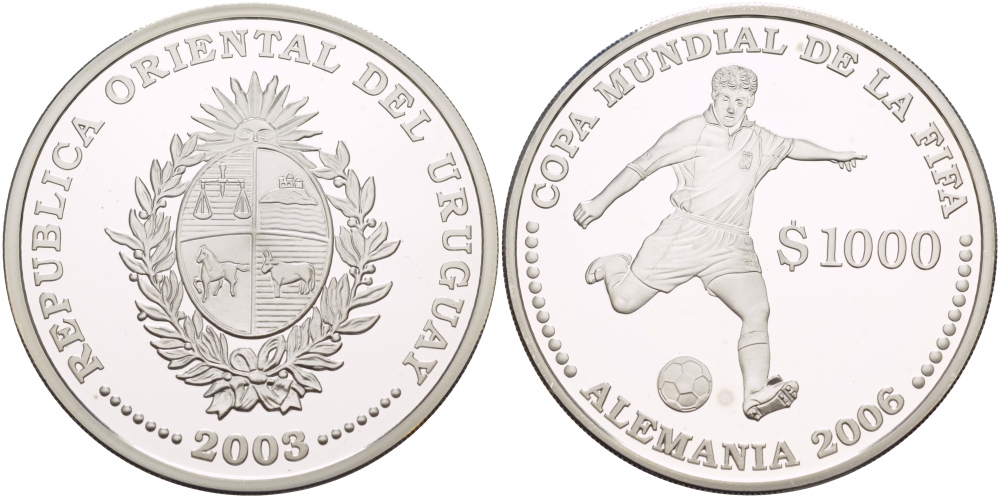 Уругвай 1000 песо 2003 чемпионат мира по футболу 2006 в Германии, удар по мячу КМ 122 серебро PROOF 1088-6-12