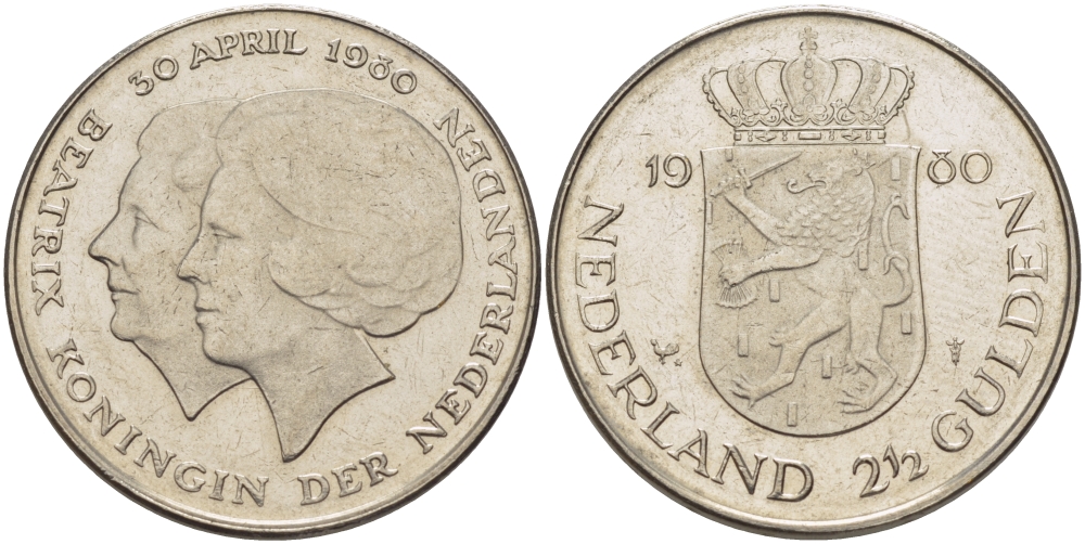 Нидерланды 2 1/2 гульдена 1980 коронация Беатрикс, 30 апреля 1980 KM 201 никель 38-113