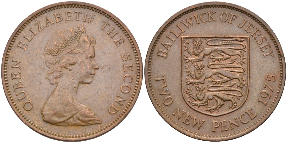 Джерси 2 пенса 1975 герб, Елизавета II (1952-2022) KM 31 бронза 4583-126