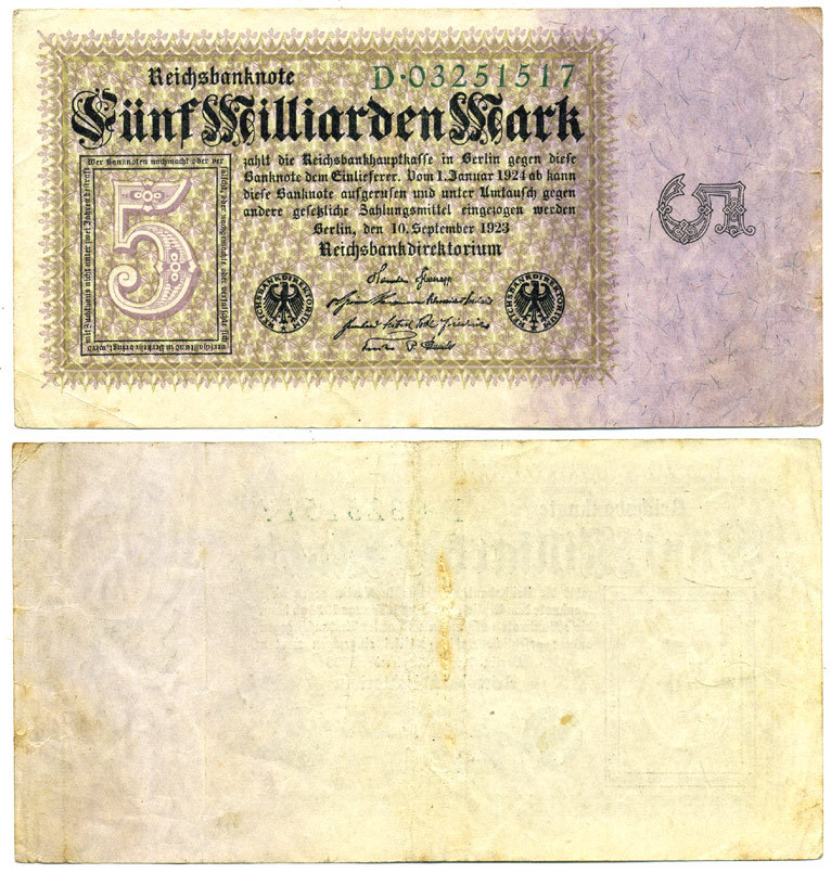 ГЕРМАНИЯ 5000000000 МАРОК 1923 Pick 115 бумага 3295-58-1