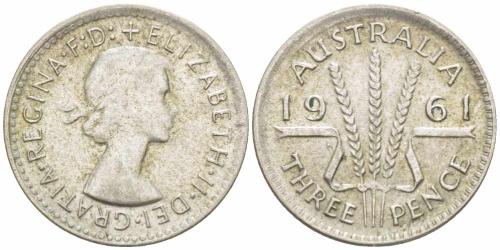 Австралия 3 пенса 1961 m, Елизавета II (1952-2022) KM 57 серебро 105-717