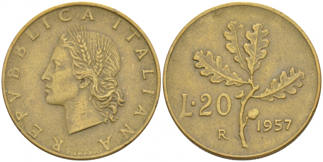 ИТАЛИЯ 20 ЛИР 1957 R, ДУБОВЫЙ ЛИСТ KM 97.1 алюминиевая бронза 73-112
