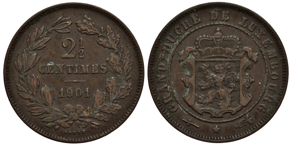Люксембург 2 1/2 сантима 1901 великий герцог Адольф (1890-1905), BAPTH, ошибка Р вместо R КМ 21 бронза 1519-143