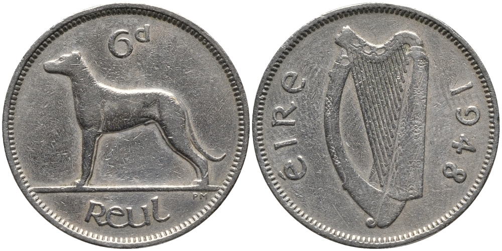 ИРЛАНДИЯ 6 ПЕНСОВ 1948 ИРЛАНДСКИЙ ВОЛКОДАВ KM 13а медно-никель 4387-1055