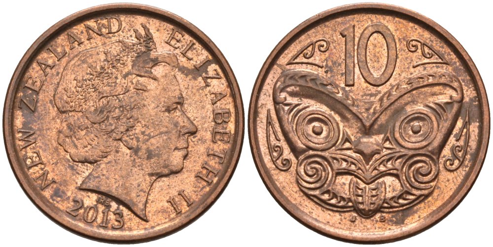 Новая Зеландия 10 центов 2013 маска Маори, Елизавета II (1952-) KM 117а сталь плакированная медью 89-424