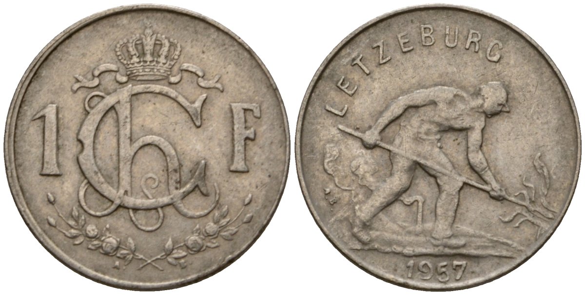 Люксембург 1 франк 1957 Шарлотта (1918-1964), сталевар KM 46.2 медно-никель 4603-1117