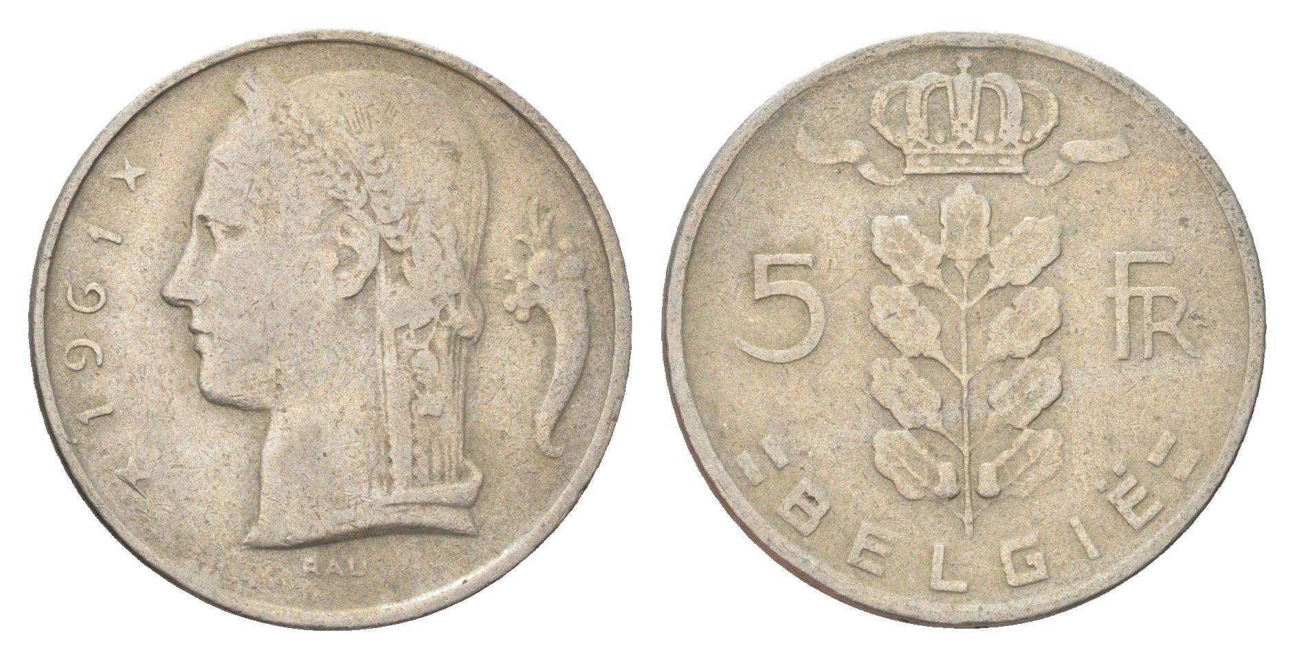 Бельгия 5 франков 1961 Belgie, Бодуэн I (1951-1993) KM 135 медно-никель 4704-1115