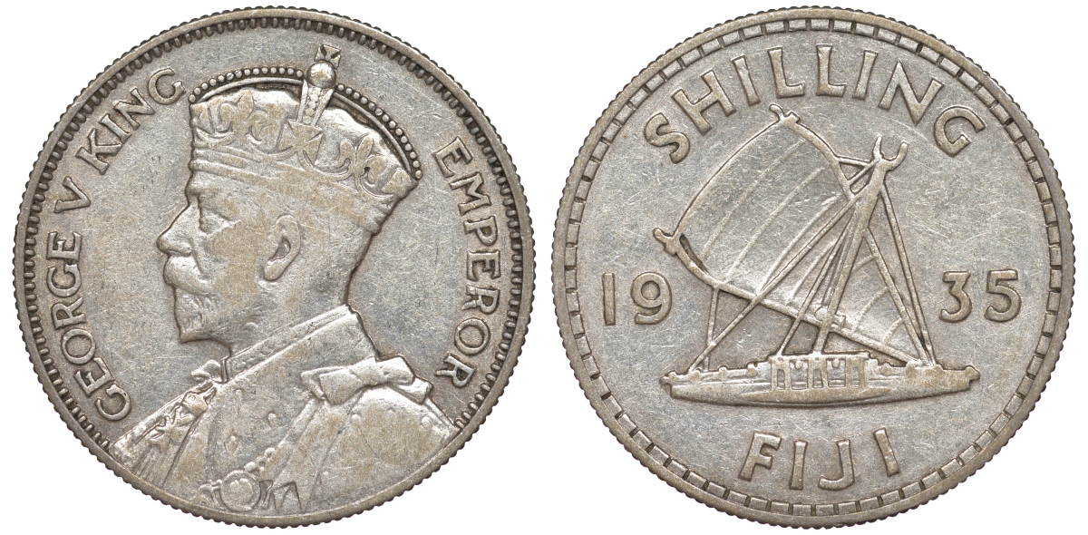Фиджи 1 шиллинг 1935 Георг V (1910-1936), парусник KM 4 серебро    91-1021