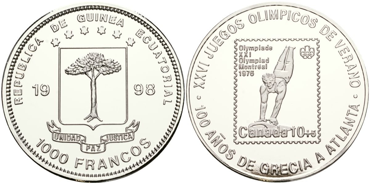 Экваториальная Гвинея 1000 франков 1998 XXVI Летние Олимпийские игры 1996 года в Атланте, гимнастика UC 200 медно-никель PROOF 00-00