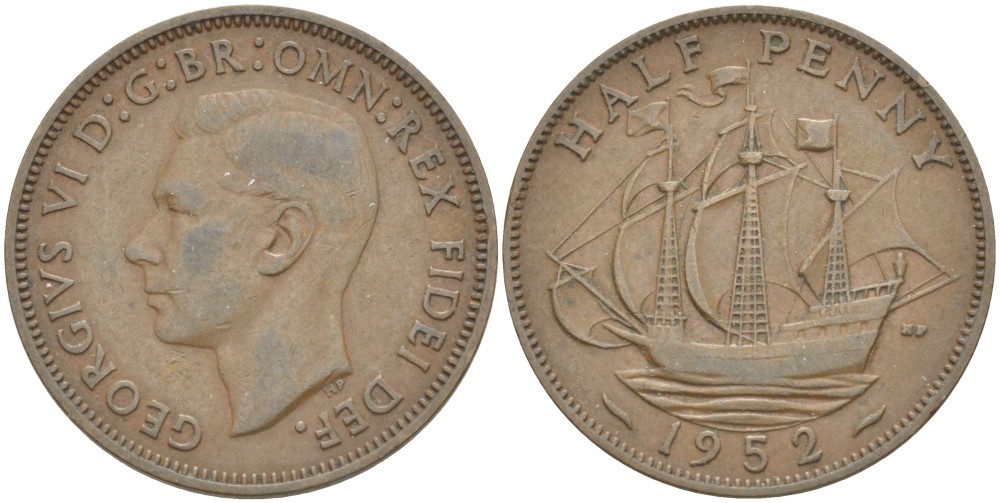 Великобритания 1/2 пенни 1952 Георг VI (1936-1952) KM 868, Spink 4118 бронза 94-852