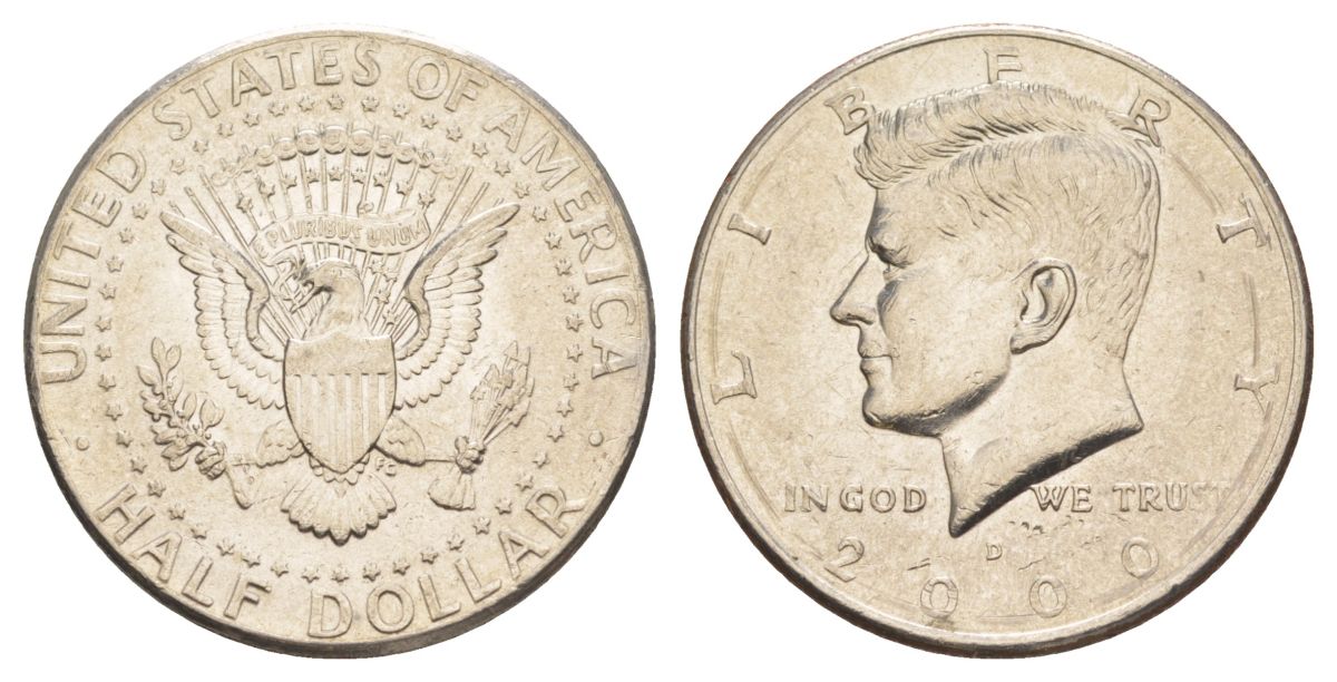 США 1/2 доллара (50 центов) 2000 D, Джон Кеннеди KM A202b медь плакированная медно-никелем aUNC 4517-235