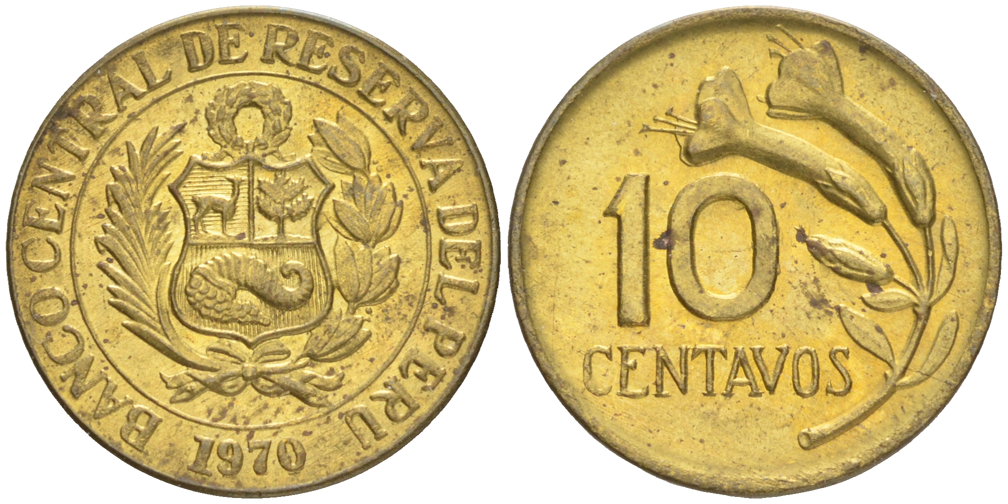 ПЕРУ 10 СЕНТАВО 1970 ЦВЕТОК KM 245.2 латунь 4516-624