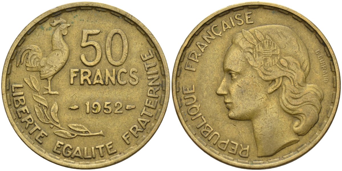 Франция 50 франков 1952 Петух KM 918.1, Le Franc 425.5 алюминиевая бронза 4144-433