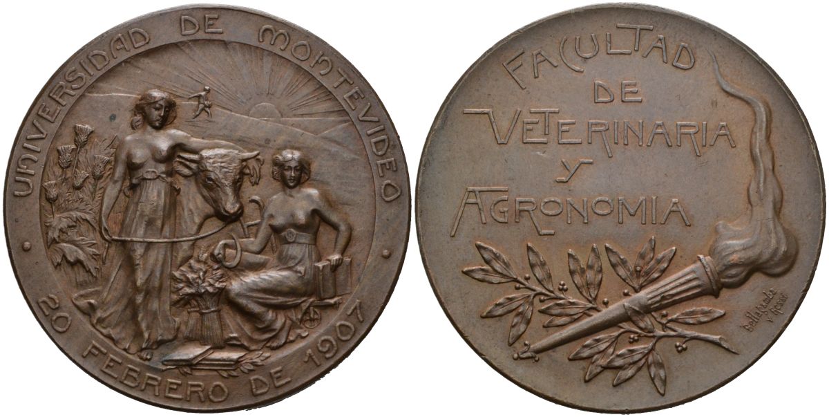 Уругвай медаль 1907 университет Монтевидео, факультет ветеринарии и агрономии, основан 20 февраля 1907 года, диаметр 43 мм. бронза 1095-8-31