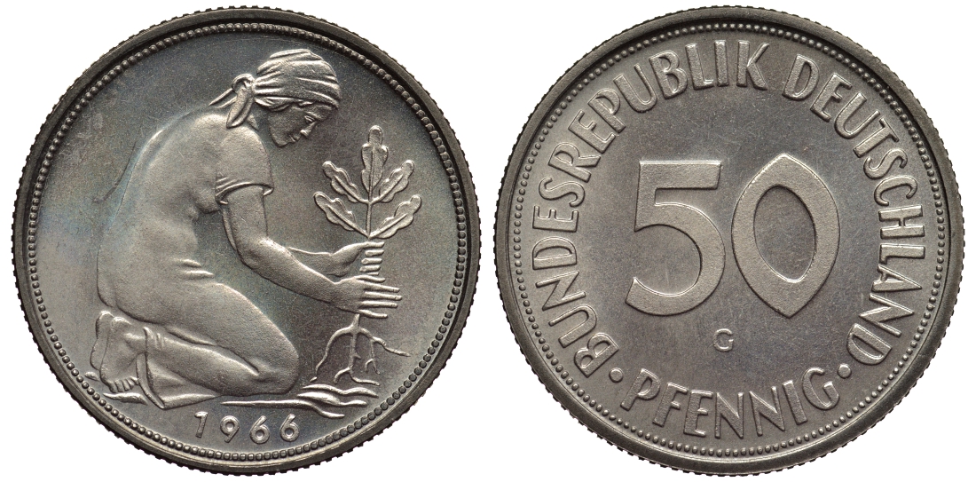 ФРГ 50 пфеннигов 1966 G KM 109.1, J. 384 медно-никель PROOF 1099-4-44
