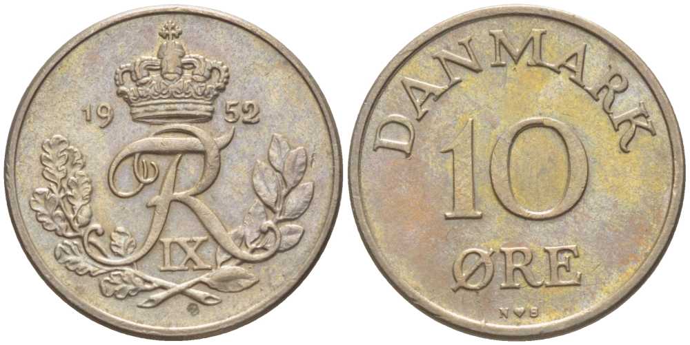 ДАНИЯ 10 ЭРЕ 1952 N;S, ФРЕДЕРИК IX (1947-1972) KM 841,1 медно-никель 201-1213