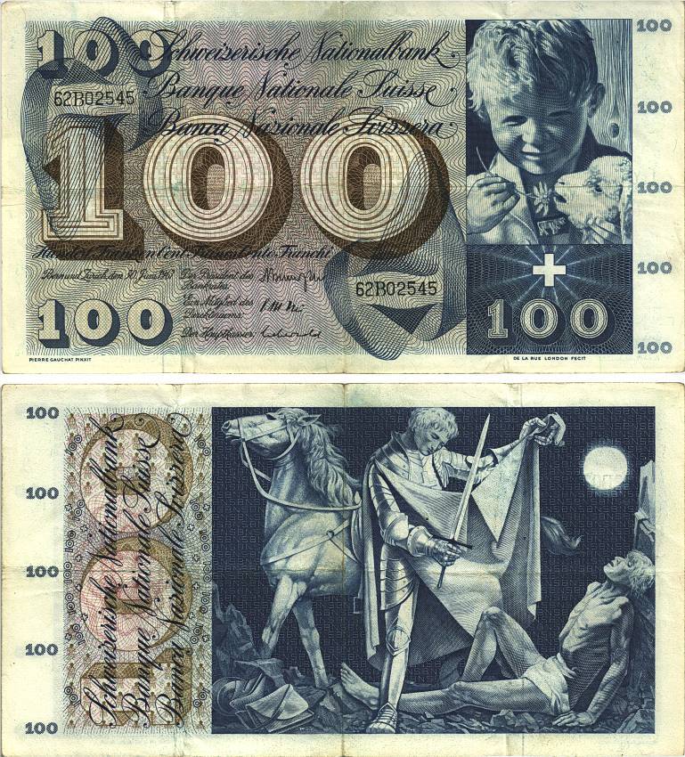 Швейцария 100 франков 1967 1 января 1967, серия 62 B, подпись 44 Pick 49 i бумага 8606-26-1-2