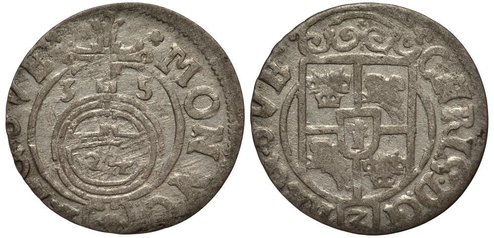 Польша, Эльблонг 1/24 талера 1635 Шведское правление, Кристина (1632-1654), вес 1,09 гр. KM 43 серебро 1516-625