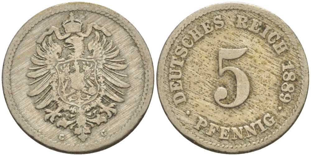 ГЕРМАНИЯ 5 ПФЕННИГОВ 1889 G, СТАРОГЕРБОВКА KM 3, J. 3, Weege 5 медно-никель 206-1059