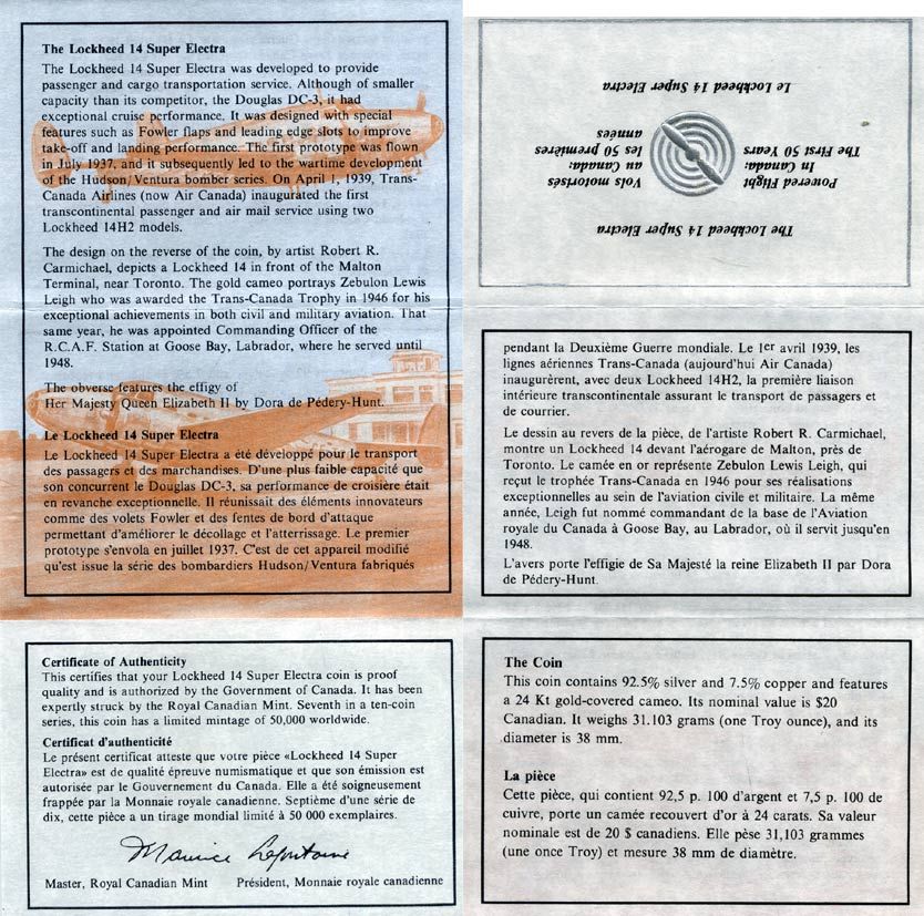 Канада 20 долларов 1993 самолет Локхид 14 Супер Электра и летчик Зебулон Льюис Ли (Льюи) KM 237 серебро, позолота PROOF 7-5-4-13