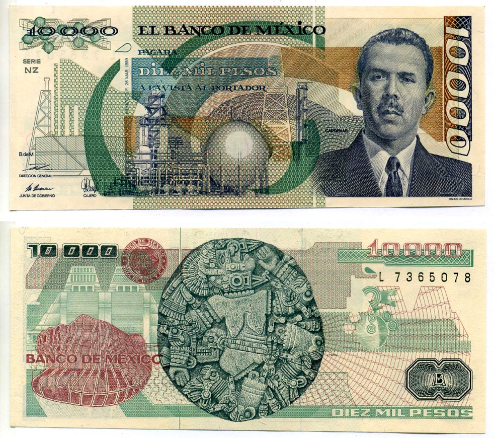 Мексика 10000 песо 1989 28 марта 1989 Pick 90c бумага UNC (пресс) 2196-24-1-2