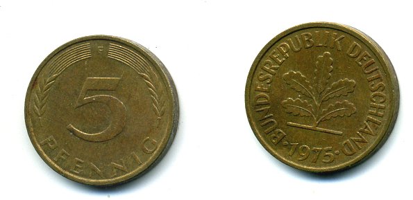 ФРГ 5 ПФЕННИГОВ 1975 F KM 107, J.382 сталь плакированная латунью 46-257