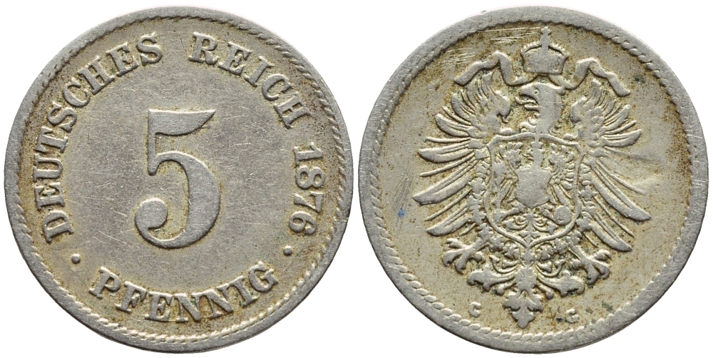 ГЕРМАНИЯ 5 ПФЕННИГОВ 1876 G, СТАРОГЕРБОВКА KM 3, J.3 медно-никель 4396-258
