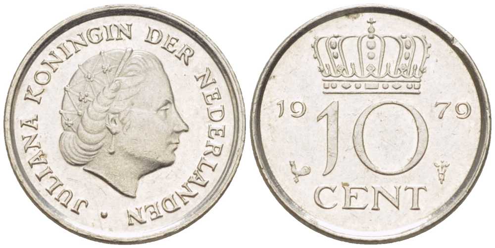 НИДЕРЛАНДЫ 10 ЦЕНТОВ 1979 ЮЛИАНА (1948-1980) KM 182 никель 211-1251