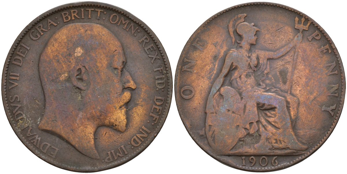 Великобритания 1 пенни 1906 Эдуард VII (1901-1910) KM 794.2, Sp 3990 бронза 4394-141