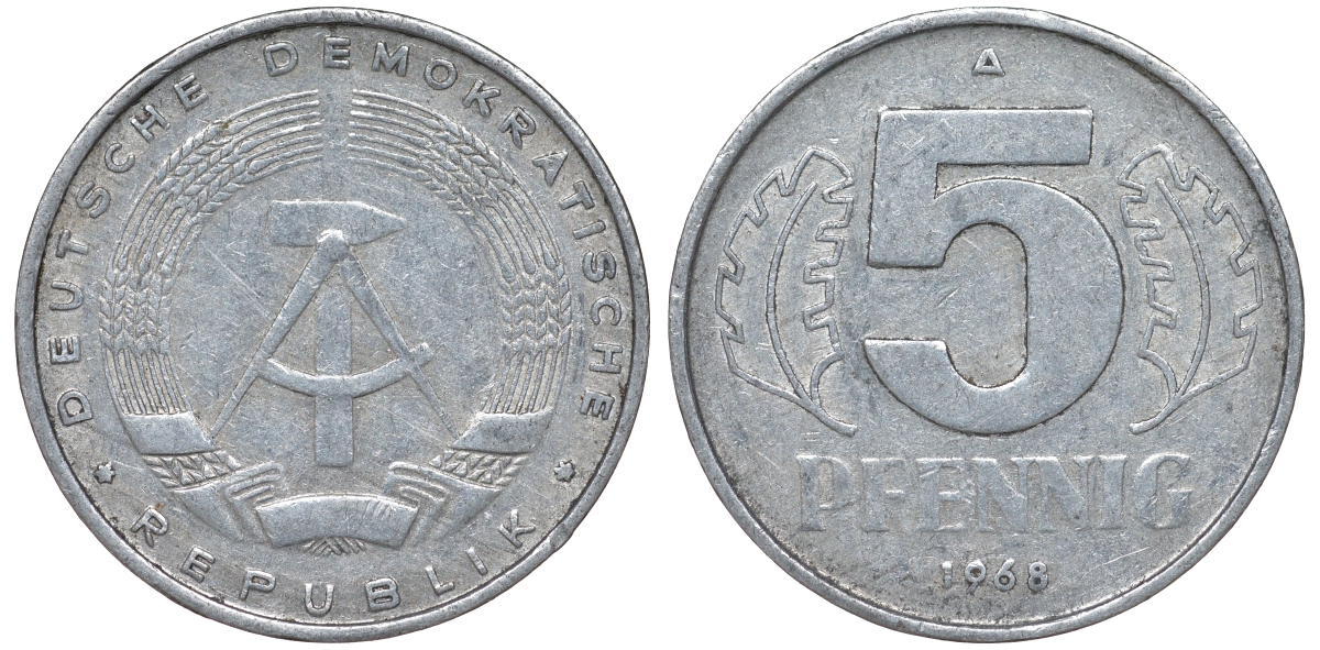ГДР 5 ПФЕННИГОВ 1968 A KM 9.1 алюминий 62-152