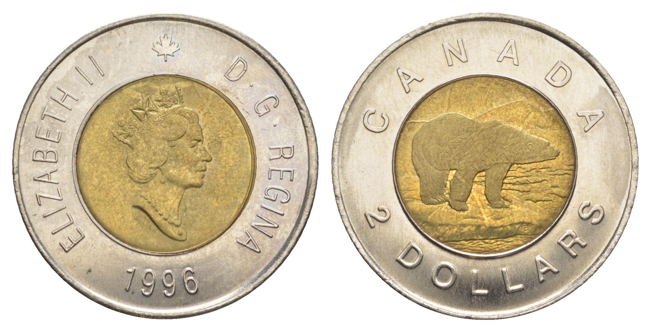 Канада 2 доллара 1996 Елизавета II (1952-2022), полярный медведь KM 270 биметалл UNC 4637-1017