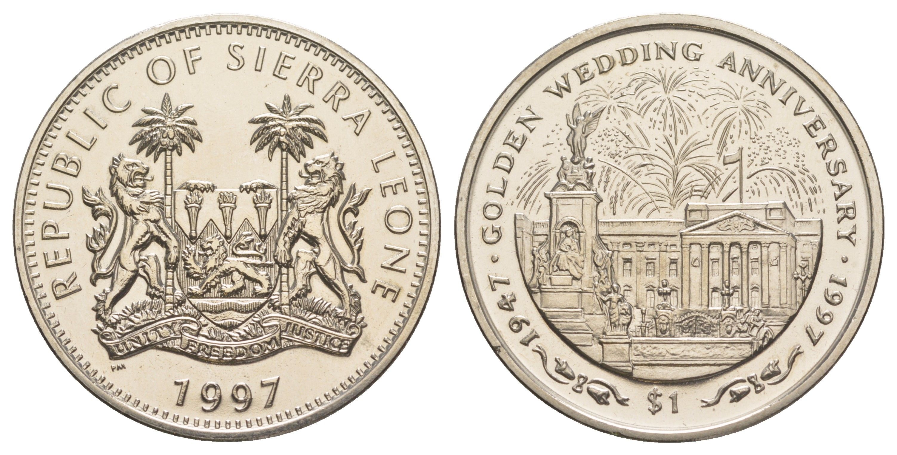 Сьерра-Леоне 1 доллар 1997 Золотая свадьба - Фейерверк над дворцом KM 62 медно-никель BU 1521-1222