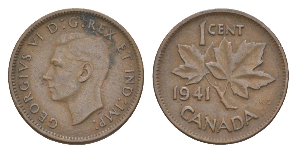 Канада 1 цент 1941 Георг VI (1936-1952), кленовый лист KM 32 бронза 4630-514