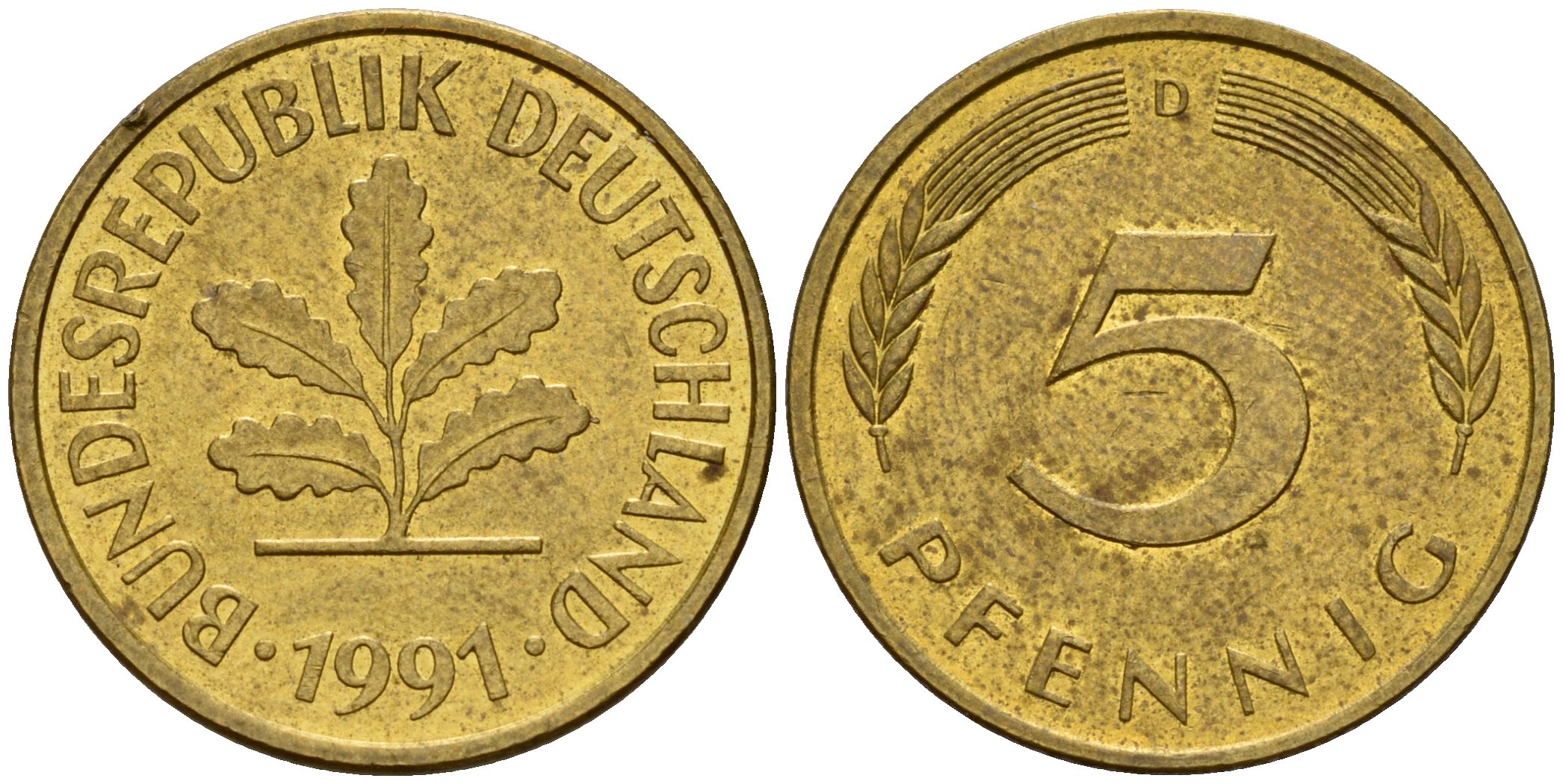 ФРГ 5 пфеннигов 1991 D J.382, KM 107 сталь плакированная латунью    4598-1115