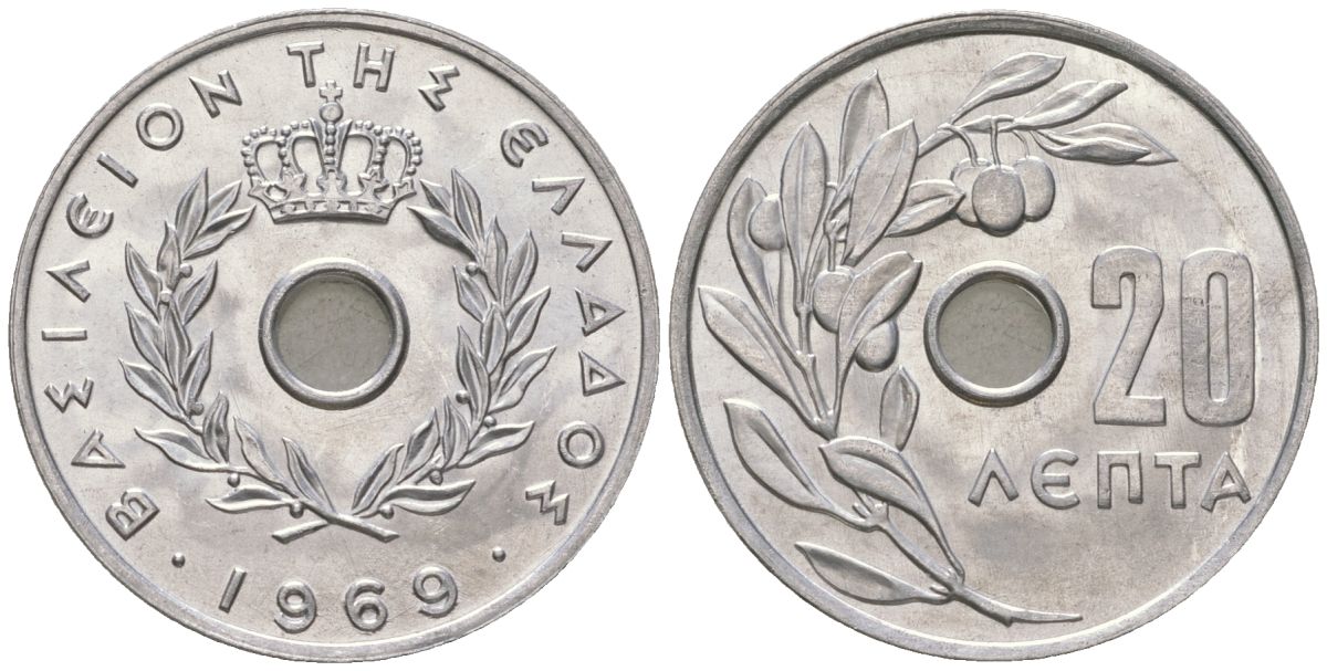 Греция 20 лепт 1969 Константин II (1964-1974), оливковая ветвь KM 79 алюминий UNC 106-732
