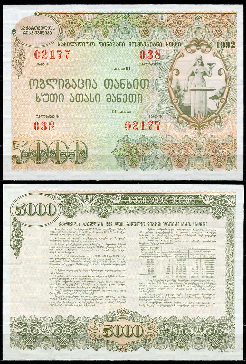 Грузия 5000 лари 1992 государственный внутренний выигрышный заем   бумага  aUNC 446-121-2