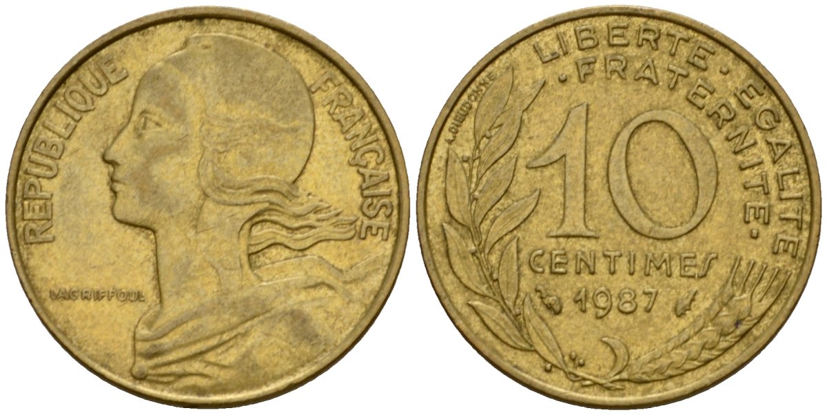 Франция 10 сантимов 1987 тип Marianne KM 929 алюминиевая бронза 4391-324