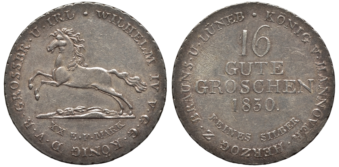 Брауншвейг-Каленберг-Ганновер 16 гутергрошенов 1830 Вильгельм IV (1830-1837) J. 33 a, AKS 66, Kahnt 211 серебро    11-119-51