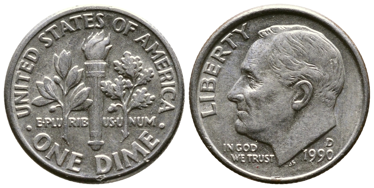 США 10 ЦЕНТОВ = 1 ДАЙМ 1990 D, РУЗВЕЛЬТ KM 195а медь плакированная медно-никелем 57-1246