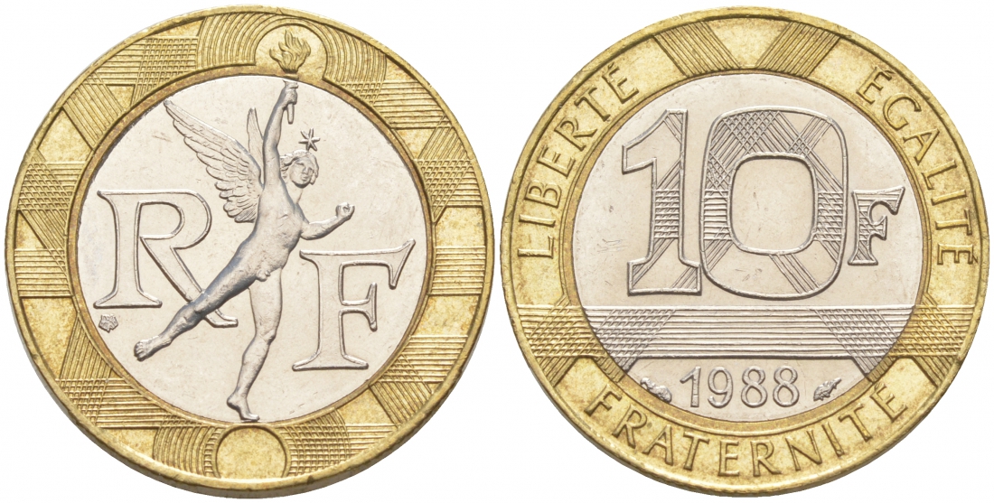 Франция 10 франков 1988 тип гений Бастилии KM 964.1, Le Franc 375.2 биметалл 186-355