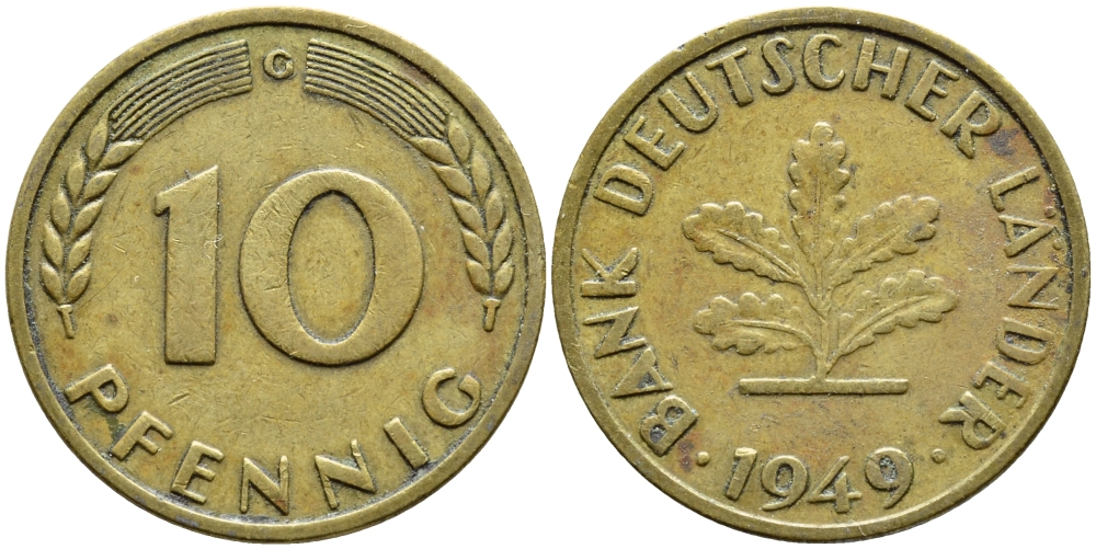 ФРГ 10 ПФЕННИГОВ 1949 G КМ 103 J.378 сталь плакированная бронзой 54-2211