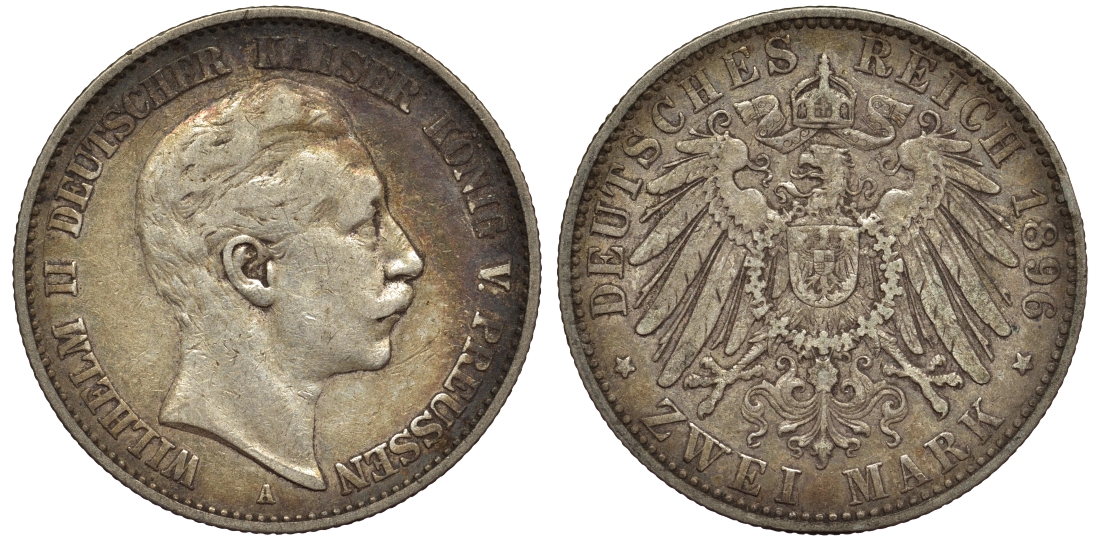 Пруссия 2 марки 1896 A, Вильгельм II (1888-1918) J.102, Weege 101, KM 522 серебро 02-014-21