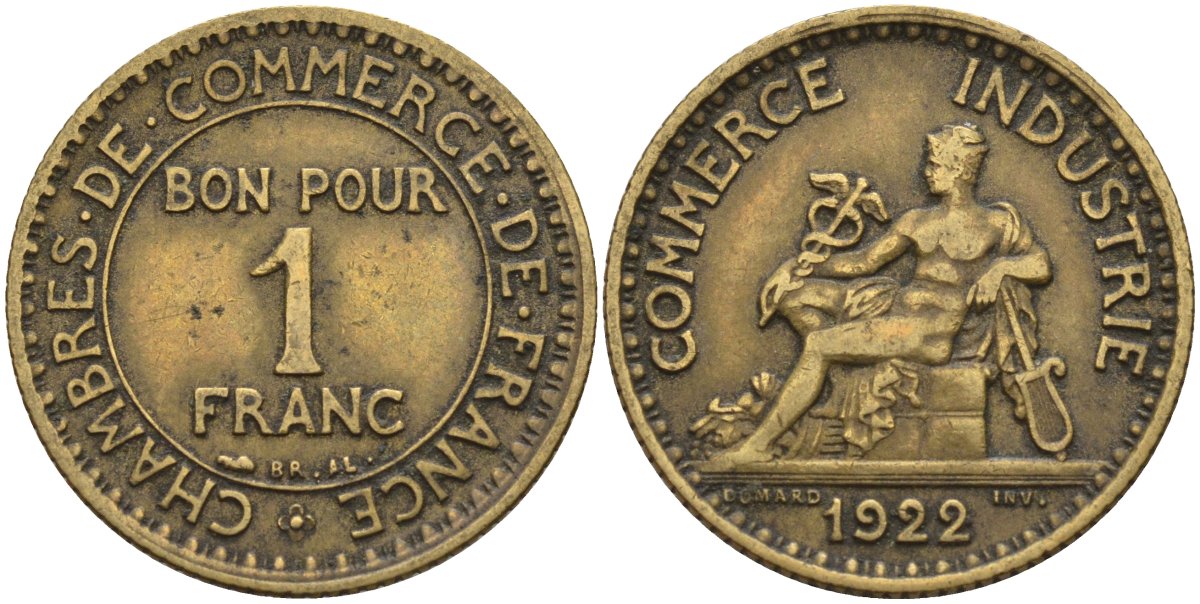 Франция 1 франк 1922 KM 876, Le Franc 218.5 алюминиевая бронза 4142-636