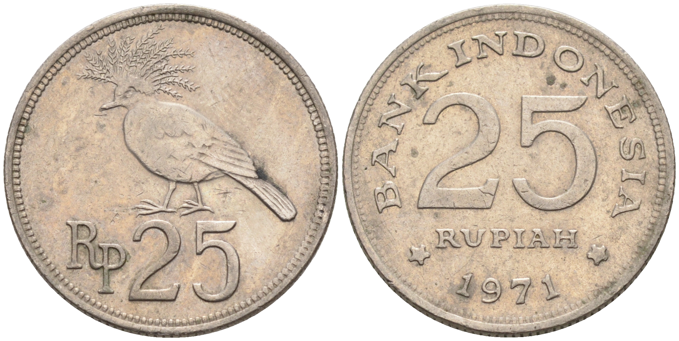 Индонезия 25 рупий 1971 венценосный голубь KM 34 медно-никель 4588-413